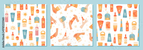 Flat seamless pattern of sunscreen bottle, stick and spray in tube shape. Sun cream with spf and lotion set, hand hold bottle product for skin care. Modern cosmetic collection for summer protection.
