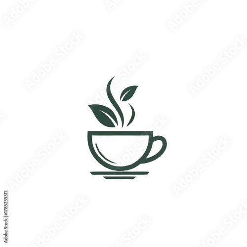 A minimalist logo design of a steaming cup of tea with leaves.