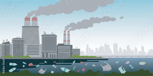 High-quality digital illustration depicting environmental pollution in an urban area.