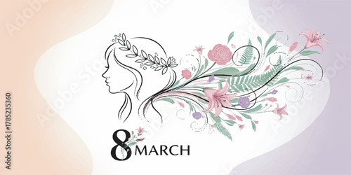 Artistic digital illustration celebrating International Women Day with a graceful female silhouette surrounded by soft floral patterns and elegant color tones