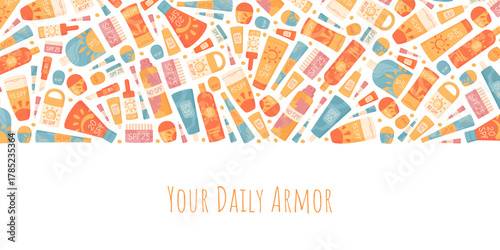 Cartoon sunscreen bottle tube and stick in banner design. Sunblock lotion spray and concept packaging with spf, sun protection, summer care for cosmetic product branding.