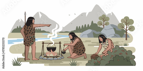 Digital artwork illustrating early humans during prehistoric times, gathering around a campfire and hunting in a natural environment