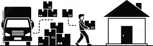 Delivery service illustration with courier carrying package from truck to house, shipping logistics and home parcel distribution concept