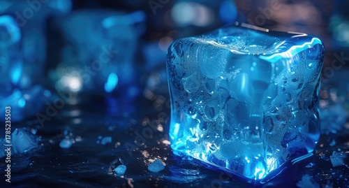Ice cube glowing blue, melting; cool water in background. Use drink ads, cooling