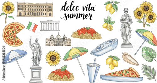 Italian summer travel elements with landmarks, pizza, pasta, lemons, statues, umbrellas, and sunflowers, representing vacation, culture, and lifestyle