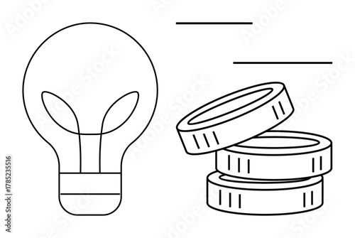 Lightbulb symbolizing ideas and creativity next to stacked coins for wealth, growth, or investment. Ideal for business, entrepreneurship, finance, innovation, sustainability, budgeting