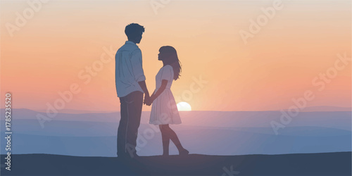Romantic Couple Holding Hands Under Sunset in Minimal Art Style