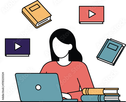 Woman studying online with laptop, books and video lessons, digital learning, education technology, remote study, flat vector illustration