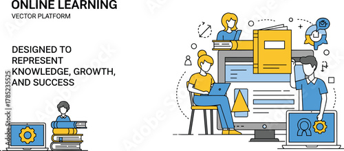 Online learning students studying with laptops and books, digital education platform promoting knowledge growth and success - flat vector illustration