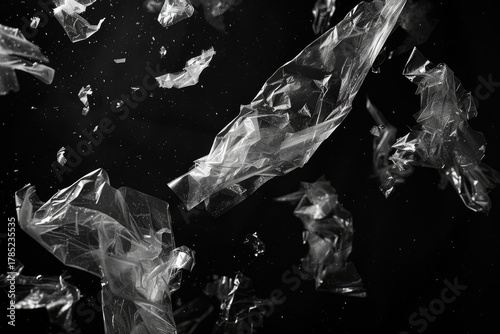 Plastic bags floating in dark space, for environmental or abstract background use