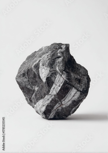 Striped rock specimen, gray, on white, geology education, light background, science
