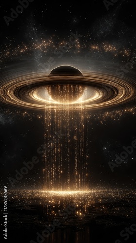 Planet shines beam onto city. Galaxy background. Sci-fi cover or book illustration