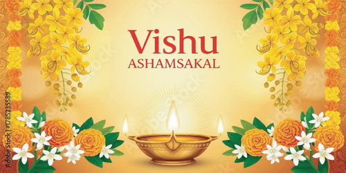 Happy Vishu Celebration with Malayalam Typography and Traditional Lamps