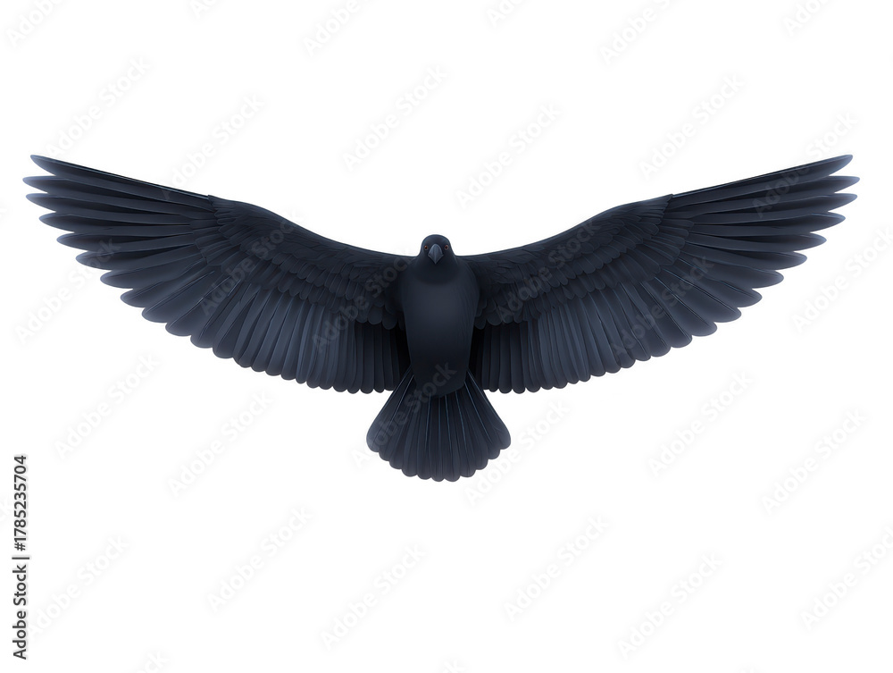 Naklejka premium Black bird silhouette with outstretched wings, isolated on transparent background, showing detailed feather pattern and symmetry, suitable for design, nature, and wildlife concepts