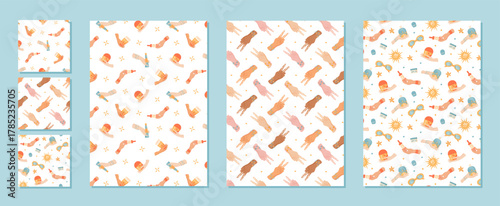 Flat seamless pattern of sunscreen bottle and cream, woman hand hold two sunblock tube, set in summer style. SPF sun care for skin, soft shapes and cosmetic product designs, health protection skin