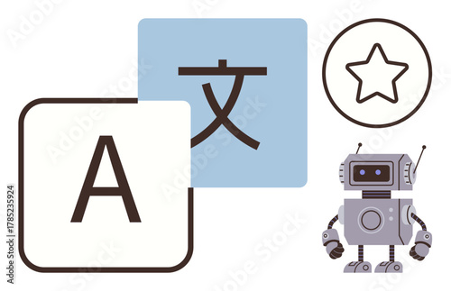 Robot next to language translation squares and star symbol representing AI, global communication, automation, programming, education, user satisfaction, and creative technology. Simple flat metaphor
