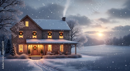 A snowy countryside farmhouse, with Christmas wreaths on doors and warm lights glowing from inside, snow gently falling — photorealistic rural winter landscape.
