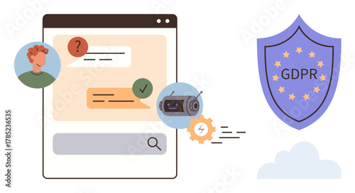 Chatbot processing queries, secure GDPR badge with stars, and user-friendly interface. Ideal for data security, AI, privacy policy, compliance, technology, user interaction simple flat metaphor