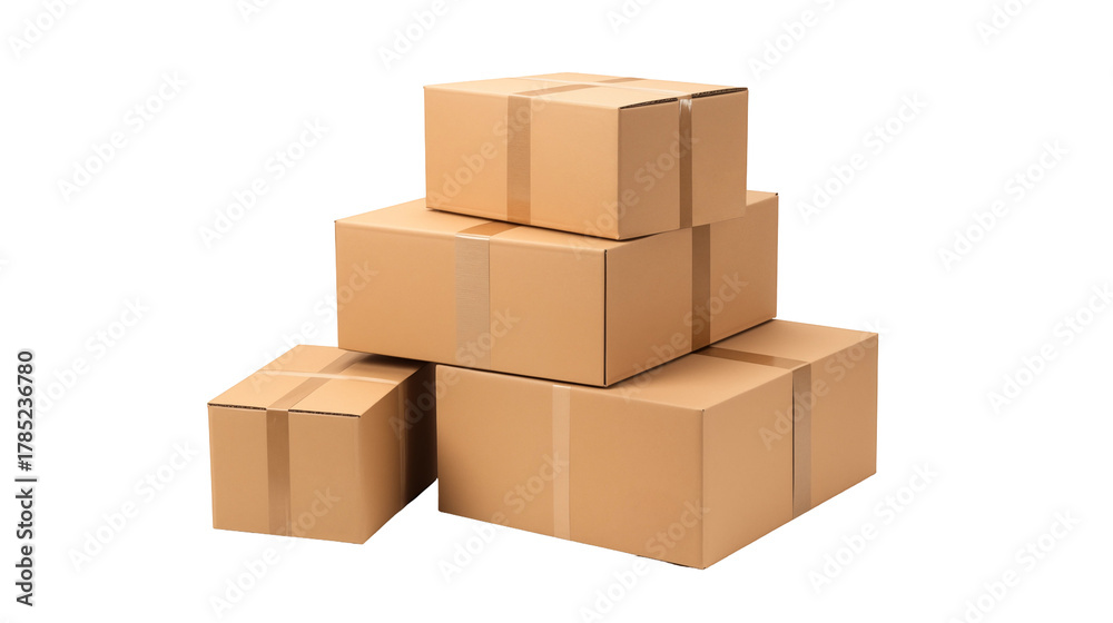 Fototapeta premium Stack of four brown cardboard boxes isolated on transparent background, stacked in a pyramid shape, ready for shipping and moving, shot in studio