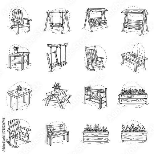 outdoor furniture set drawings patio chairs swings and picnic tables in sketch style for illustrating backyard living and garden design projects