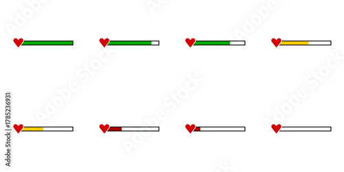 Sprite Sheet of a Draining Health Bar Icon Set with Green, Yellow and Red Steps and Heart for Game UI Animation. Vector Image.
