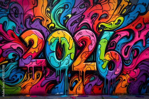 Colorful 2026 graffiti art with dripping paint, urban style.
