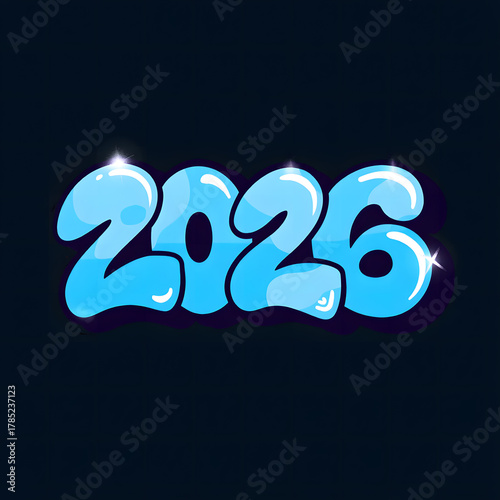 Bubbly glossy light blue 2026 text with shimmering highlights