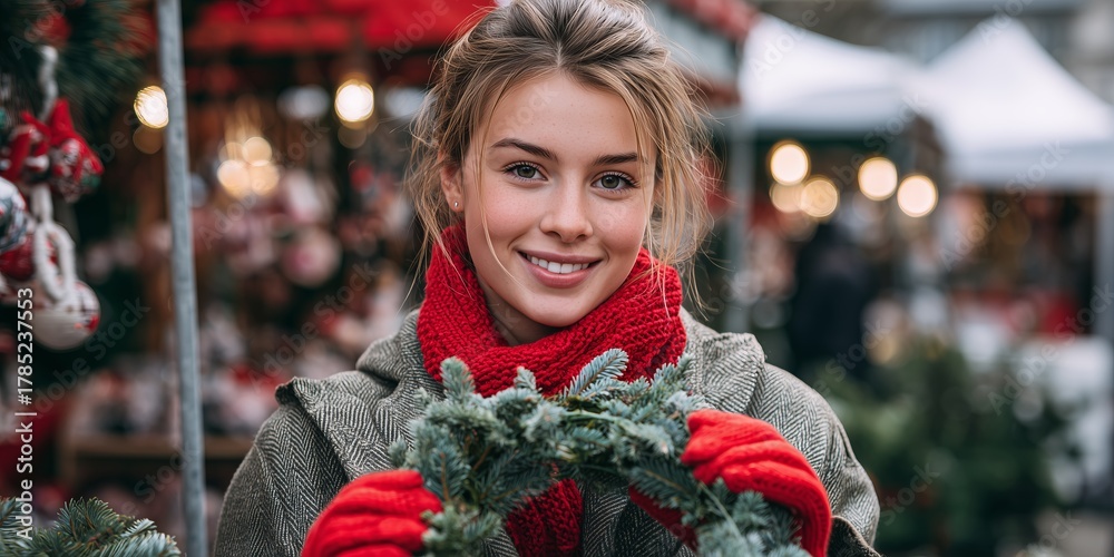 Naklejka premium Young woman in red knit beanie, green scarf and mittens holding pine wreath smiling at Christmas market with warm bokeh lights. Joyful holiday crafting moment, cozy festive fair vibe full of cheer.