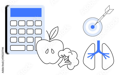 Calculator, apple, broccoli, lungs, and target represent health, nutrition, fitness, goal setting planning and wellness. Ideal for health apps lifestyle tips fitness tracking tools educational