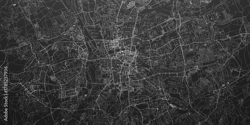 Dortmund (Germany) street map. The style of the map is black paper