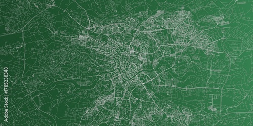 Krakow (Poland) street map. The style of the map is green paper