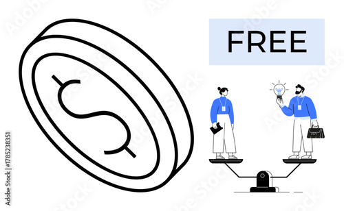 Circular coin with dollar sign next to two individuals weighing an idea against shopping items, alluding to free exchange and value perception. Ideal for finance, economics, business, innovation
