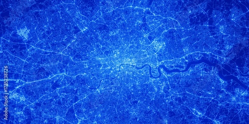 London (United Kingdom) street map. The style of the map is blue glow