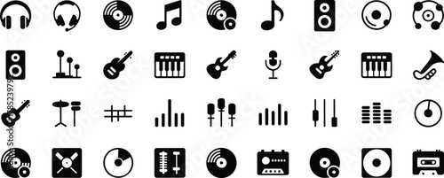 Music and Audio Icons – Minimalist Black Symbols for Instruments, Sound Equipment, and Creative UI Design