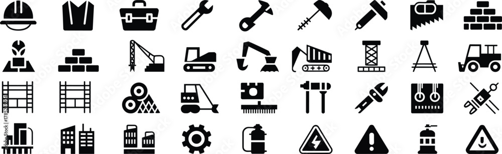 Obraz premium Construction and Engineering Icons – Minimalist Black Symbols for Industrial Tools, Safety, and Infrastructure UI Design