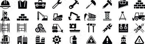 Construction and Engineering Icons – Minimalist Black Symbols for Industrial Tools, Safety, and Infrastructure UI Design