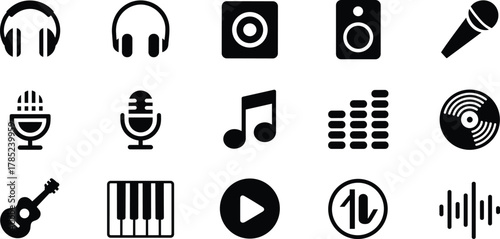 Music and Audio Gear Icons – Minimalist Black Symbols for Sound Equipment, Instruments, and UI Design