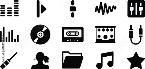 Music and Audio Icons – Minimalist Black Symbols for Sound Editing, Media Playback, and UI Design