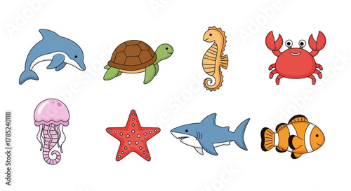 Cartoon aquatic creatures collection dolphin turtle seahorse crab and more