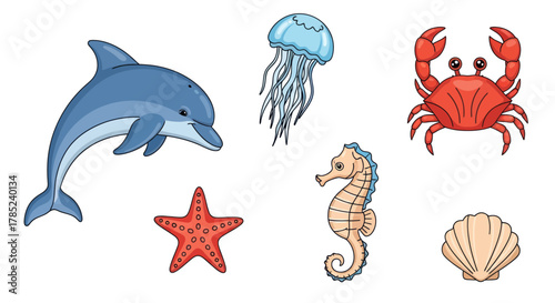 Cartoon aquatic creatures dolphin jellyfish crab seahorse starfish and shell