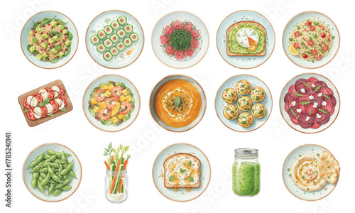 Watercolor Set of Fresh Healthy Appetizers and Clean Eating Meals