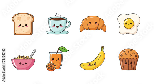 Cartoon breakfast food collection featuring toast coffee croissant and more