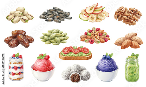 Watercolor Set of Healthy Nuts, Dried Fruit, and Dessert Snacks