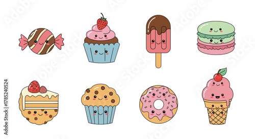 Cartoon desserts collection variety of sweets cute characters vector illustration