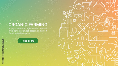 Organic Farming Line Art Web Banner. Vector Illustration of Linear Banner. Farm Scene Organic Fields, Local and Agricultural Icons. Minimal Outline Design. Sustainability, Healthy Food, Land, Nature.