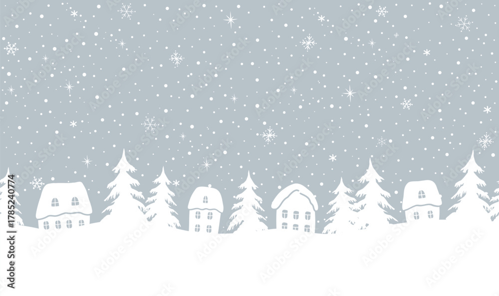 Fototapeta premium Christmas Seamless Border. Winter Village. Fairy tale Winter Landscape. White Houses, Fir trees, Snow, Snowflakes on Gray Background. Silhouettes. Paper Cut Stencil. Vector illustration