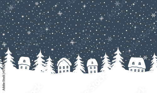 Winter Seamless Border. Christmas Village. Fairy tale Winter Landscape. White Houses, Fir trees, Snow, Snowflakes on Dark Blue background. Silhouettes. Paper Cut Stencil. Vector illustration