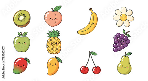 Cartoon fruits collection with happy faces isolated on white background