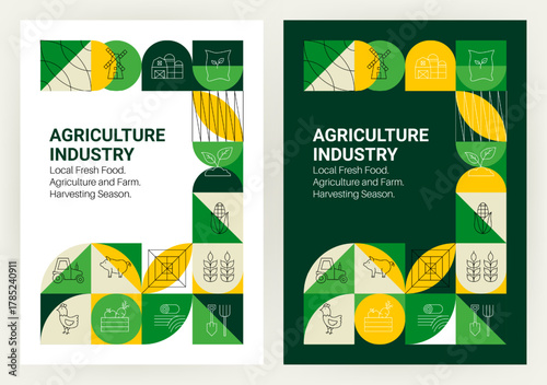 Agriculture Industry Geometrical Concept Posters Set. Modern Vector Web Banner Illustration. Farm Landscape. Line Art Design. Organic Farming. Local Natural Fresh Food. Outline Sustainable Eco Food