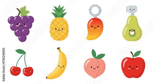 Cartoon fruits collection with happy faces on white background isolated design